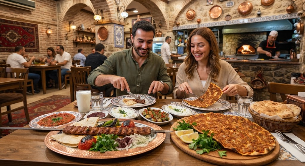 Bursa Çekirge'de lezzetli kebap ve lahmacun sunumu