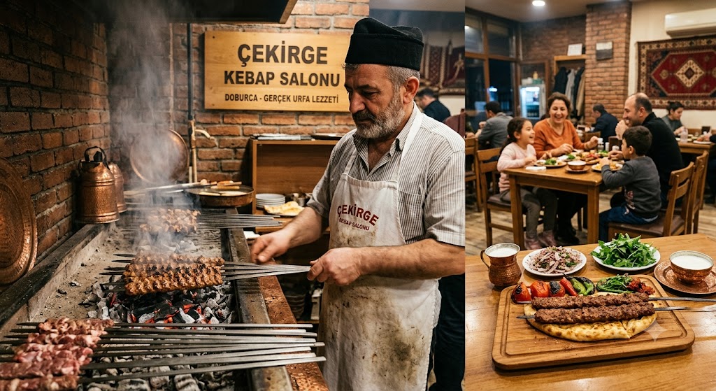 Çekirge ve Doburca bölgesinde odun ateşinde hazırlanan hakiki Urfa kebabı, tırnak pide ve taze mezeler