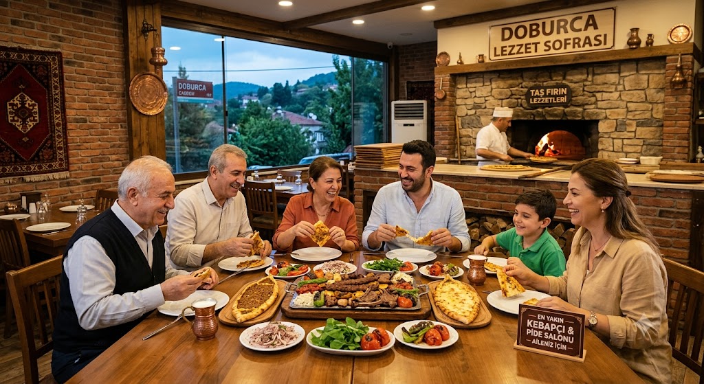 Bursa Doburca'da ailece kebap ve pide yenilebilecek sıcak bir restoran atmosferi, karışık ızgara ve taş fırın pide çeşitleri